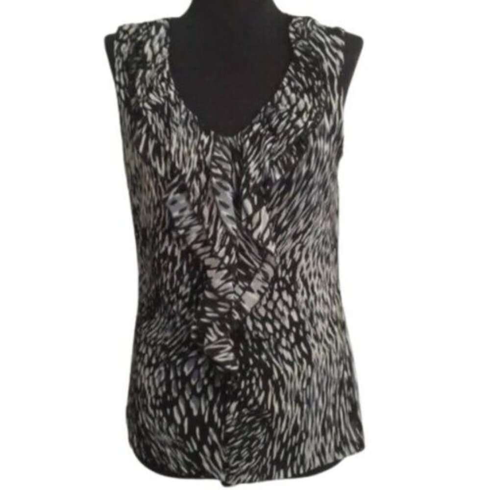 212 Collection Size S Blouse Top Womens Sleeveless Black White Ruffle V Neck